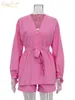 Trajes de mujer Clacive Otoño LaceUp Robes Tops Dos piezas Conjunto para mujer Casual Flojo High Wiast Shorts Elegante Pink Home Traje con 230915