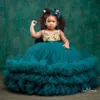 2021 Hunter Green Lace Flower Girl Vestidos Vestido de Baile Sheer Neck Tulle Lilttle Kids Birthday Pageant Wedding Gowns284h