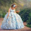Bonito vestido de baile princesa vestidos da menina flor para o casamento 3d floral appliqued criança pageant vestidos até o chão plffy tule crianças 258r