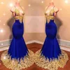 UPS Royal Blue Mermaid Prom Kleider 2022 mit Gold Spitze Applizierte Neue Afrikanische Perlen Pailletten Abendkleider Frauen Sexy Reflektierende Dr320W