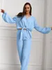 Damen-Nachtwäsche Marthaqiqi Baumwoll-Pyjama-Set für Damen, sexy V-Ausschnitt, langärmelig, Nachtwäsche, bauchfreies Top, Schnür-Nachthemd, Hose, Nachthemden, Anzüge