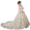 Cute lucido Princess Flower Girls Dresss Nuovo spalla in pizzo Tulle Appliques perline arruffale di fiori lunghi treni per bambini abiti da compleanno per bambini 403 403