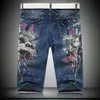 Moda Masculina Masculina Slim Wolf Print Jeans Casual Na Altura Do Joelho Stretch Denim Shorts1929