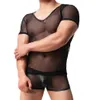 MENS MESH T-shirt Gymträning Sheer Top Clubwear Sexiga transparenta män Underkläder Set Boxers Shorts See Through Sexy Men Clothes253s