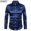 Herren Seidensatin Partyhemden Männlich Slim Fit Langarm Einfarbig Glänzend Nachtclub Hochzeit Hemd 10 Farben S-2XL Casual255o