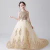 Elegant Long Trailing Gold Tulle Girl Pageant Dress Sequin First Communion Dress Baby Baptism Gowns Formal Flower Girl Dress for W215h