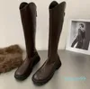 Damenstiefel, lange Stiefel für Damen, knielang, V-Mund, elastisches Leder, hohe Röhre, dicke Absätze, Ritter, schlanke Sohlen