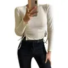 T-shirt da donna 2023 Trendy Simple Sexy Coulisse a costine in maglia Crop Top Donna Manica lunga Girocollo Solid Slim Ft T-shirt Casual Ombelico esposto