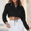 Kvinnors hoodies mode beskurna tröja fast färg stativ krage halva zip tröjor dragsko avslappnad långärmad trendiga kvinnor streetwear