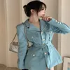 Damenjacken Neue Mode 2023 Designer Blaue Blazer Frauen Einreiher Metallknöpfe Blazer mit Gürtel Kleidung Frau Ja253A