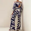 Women's Two Piece Pants 2 Pcs/Sets Women Fashion Print Satin Lantern Sleeve Off Shoulder Tops Wide Leg Suit Casual Chic Blouse Office Lady