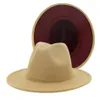 Tan Burgundy Patchwork Faux Wool Feel Jazz Fedora Hats z filcowym zespołem Women Men Men Flat Brim Trilby Cap Party Hat278g