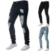 Fashion Solid White Jeans Män Sexig rippad hål oroar tvättade magra jeans manliga casual ytterkläder hiphop byxor 2020289a