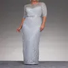 Silver Gray Lace Mother of the Bride Dress Half Sleeves Zipper Back Mother's Dresses with Beads Applique Mermaid242L