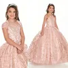 Vestidos de desfile para niñas de encaje con lentejuelas de oro rosa y cuentas de cristal Vestidos de fiesta para niños de color rosa Vestidos de fiesta de cumpleaños para niñas pequeñas W291y