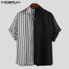 INCERUN 2020 Fashion Striped Patchwork Men Shirt Short Sleeve Loose Button Up Hip-hop Personality Casual Brand Shirts Men Camisa226l