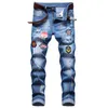 Männer Slim Fit Zerrissene Jeans Mode Gerade Bein Stretch Gedruckt Biker Denim Hosen Herren Blau Normale Hosen Große größe D673233k