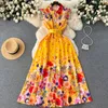 Casual Dresses New Retro Court Sleeveless Thin Floral Print A-line Maxi Dress Women Single Breasted Party Clothes Vestidos De Vera263Q