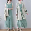 Robes de travail 2023 Printemps / Été Amélioré Hanfu Rétro Costume Coton Lin Cardigan Haut Sans Manches Col Rond Slim Cheongsam Robe Femmes BD384