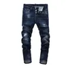 Tops Men Ripped Painted Dark Blue Jeans Fashion Designer Slim Fit Low Waist Biker Denim Pants Hip Hop Trousers NJ7912306E