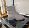 Botas de tobillo de diseñador de lujo para mujer, botas de cuero genuino a la moda, botines con cadena de tacón alto, zapatos de diseñador con punta redonda, Zapatillas con cordones, botines exteriores impermeables