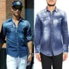 Camisa vaquera desteñida con lejía para hombre, camisas vaqueras de Color sólido Vintage lavadas de manga larga ajustadas y frescas Man203j