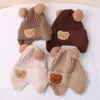 キャップ帽子冬のベビービーニーキャップカートゥーンベア耳の保護幼児の男の子のためのニット帽子かわいい韓国の温かい子供クロシェトゴロ230915