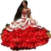 Red Charro Quinceanera Dresses Mexican 2023 Ruffled Floral Off Shoulder Puffy Skirt Lace Embroidery Sweet 16 Girls Masquerade Prom279f