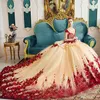 Princess Champagne With Red Flora Quinceanera Dresses Ball Gown Cap Sleeve Sheer Neck Peplum Pageant Gowns For Teens Vestidos de 1234I