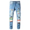 Męskie wydrukowane plastry patchwork szczupły chude dżinsy Streetwear Otwory Rapowane dżinsowe spodnie 2010B