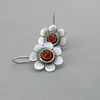 Dangle Earrings Vintage Silver Color Flower Ethnic Metal Two Tone Blossom Plant Inlaid Red Zircon For Women