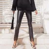 Women's Pants European And American Style Trousers Split Feet Leather Fashion PU Tight Waist Black