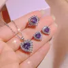 Necklace Earrings Set Purple High Carbon Diamond Heart Shaped Pendant Adjustable Ring S925 Women's Jewelry Gorgeous Unique Gemstone