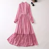 Casual Dresses European and American Women's Dress 2023 Summer Style Long Sleeve Standing Collar Fashion Belt Pink Pleated XXL