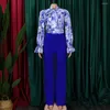 Women's Two Piece Pants Women Pieces Set Printed Blouse Long Sleeves High Waist Trousers Elegant Office Ladies Work Wear Suit 2 African