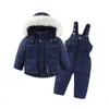 Conjuntos de roupas Crianças Inverno Pele Snowsuit Meninos Meninas Mais Veludo Espessamento Quente À Prova de Vento Casaco de Algodão Calças de Neve 2 Pcs Jaquetas Com Capuz 230915