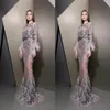 Ziad Nakad 2019 Vestidos de Noite Jewel Neck Lace Manga Longa Ilusão Pena Vestidos de Baile Luxuoso Custom Made Sereia Festa Runway347g