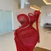 2022 Plus Taille Arabe Aso Ebi Rouge Sirène Sparkly Robes De Bal Paillettes Dentelle Soirée Formelle Deuxième Réception Anniversaire Engage269I