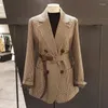 Kvinnors kostymer vintage Houndstooth -jacka Blazer Kvinnor Plaid Lady Suit med bälte långärmad kvinnlig skräddarsydd kappa slitage