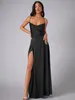 Women Satin Evening Dresses Sexy V Neck Split Party Dresses Red Green Black Colors Women Fashion Gown Dresses 23D2