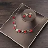 Necklace Earrings Set Fashion Gold Wedding Red Rose Flower Crystal Clips Sets For Women Bridal Accessories Gift