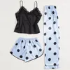 Dames Nachtkleding Pyjama Lichtgewicht Stippenprint 3-delig IJszijde Losse zomersets Tanks en shorts Lange broekpak