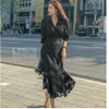 NY DESIGN KVINNER TRE-KVARTALE SLE V-HECK SEXY HÖG MIDST GASE EBRODERY LACE FLORAL SLIM MAST MIMAIRAIT MAXI LONG DRES263L