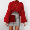 Frauen Pullover Elegante Laterne Hülse Rot Vintage Gestrickte Pullover Frauen Pullover Jumper 2023 Herbst Winter Dicke Warme Frau