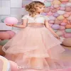 2022 Pink Two Pieces Lace Ball Gown Flower Girl Dresses 3 4 Long Sleeve Vintage Child Pageant Dresses Beautiful258O