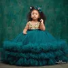 2021 Hunter Green Lace Flower Girl Vestidos Vestido de Baile Sheer Neck Tulle Lilttle Kids Birthday Pageant Wedding Gowns284h