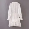 2022 new design women's o-neck white color lantern long sleeve slim waist hollow out embroidery mermaid dress layered ruffles2735