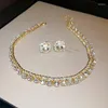 Necklace Earrings Set S925 Needle Emerald Diamond Square Stud Two-piece Trend Elegant Party Jewelry Choker For Female