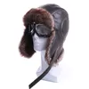 Chapéus bomber de inverno de pelúcia, protetor de orelha russo, ushanka com óculos, chapéu piloto de caçador, couro sintético, pele de neve, ly1912296z