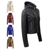 Damen Leder Tops Mäntel Faux Jacke Frauen Samt Warmer weiblicher Mantel Winter 2023 Kapuze Moto Biker Reißverschluss Schwarz Rot Gelb Braun